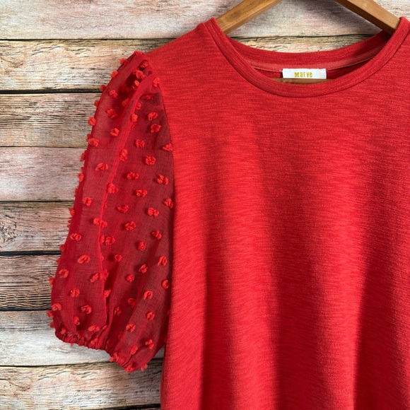 Anthropologie Maeve Red Textured Polka Dot Puff Sleeve Sheer Top Size Small - Picture 3 of 9